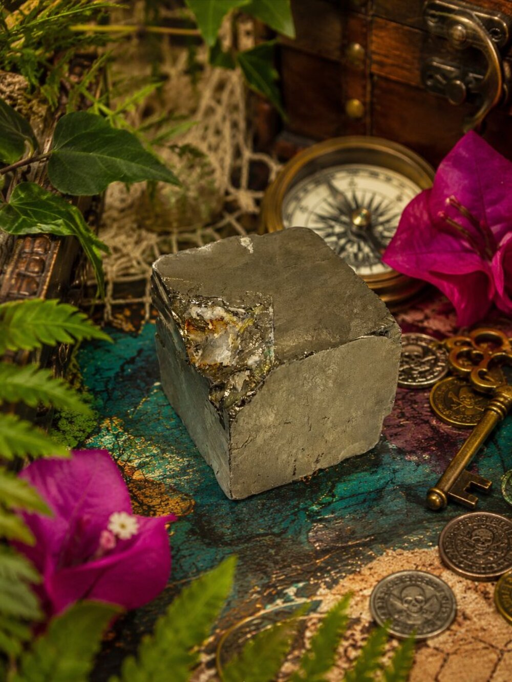 Natural Pyrite Decorative Cube - Metallic Gray and Gold Accent ROCK